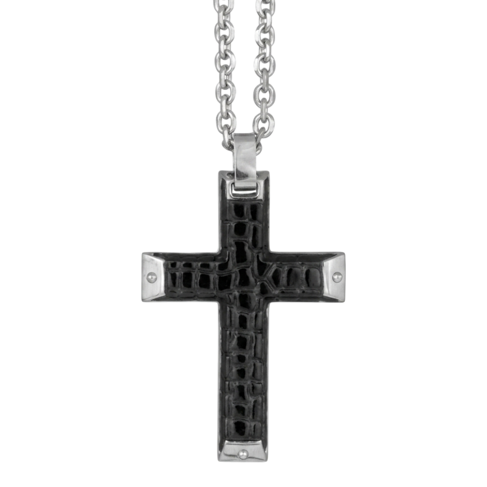 ARZ Steel pendant cross with snake skin texture and black bolts, showcasing a detailed and stylish jewelry design.