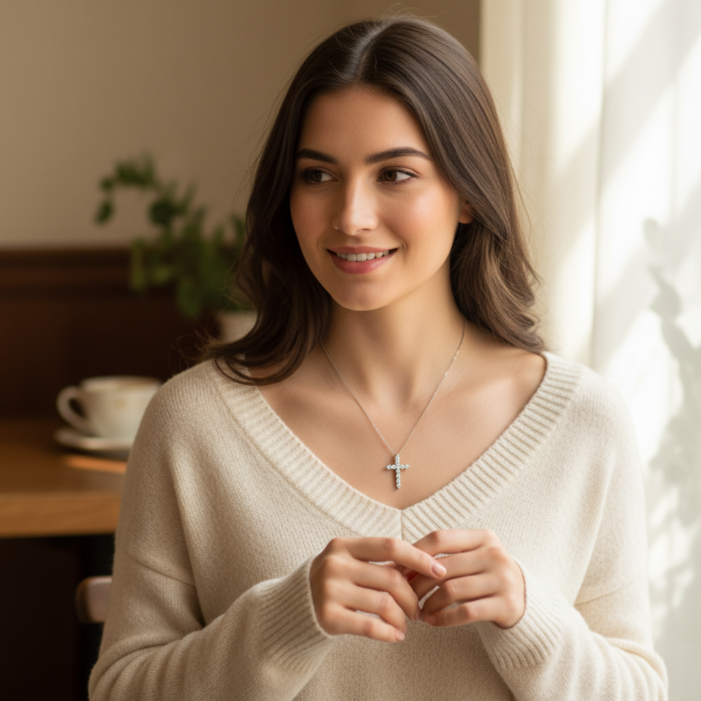Lab Grown Diamonds 9CT white gold cross pendant with sparkling diamonds, showcasing elegant jewelry design.