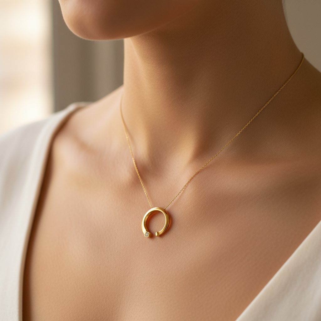 Lab Grown Diamonds 9CT yellow gold half circle pendant showcasing a polished gold finish and subtle diamond accents.