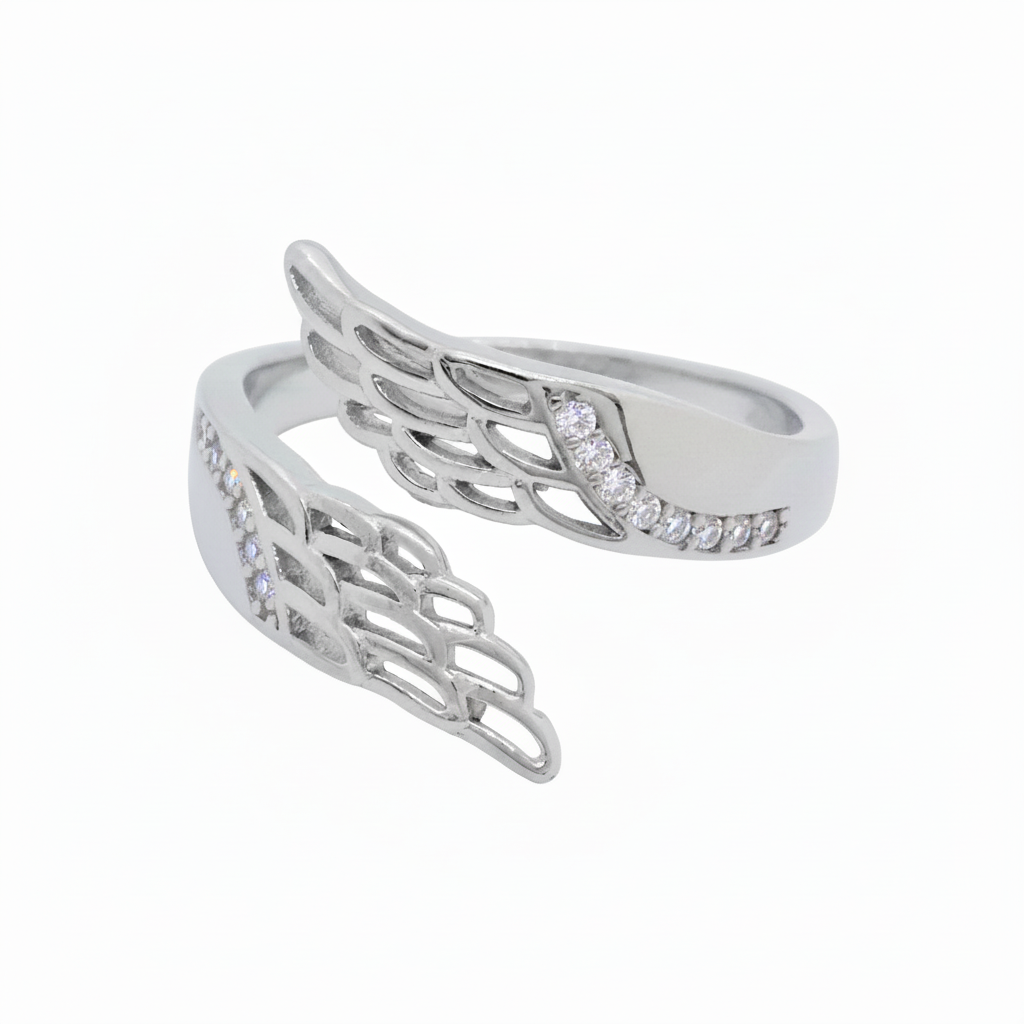Adjustable MISU 925 sterling silver ring featuring a delicate angel design, showcasing fine craftsmanship and elegant style.