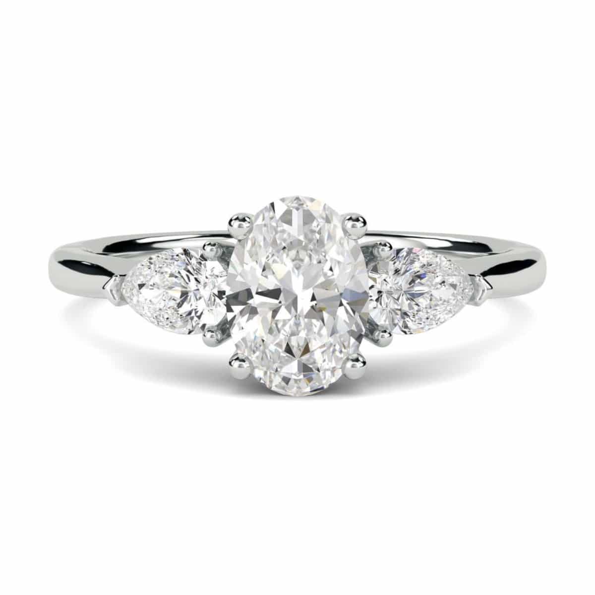 Lab Grown Diamonds 9ct white gold ring with 1ct oval pear-shaped diamond setting, elegant jewelry design.