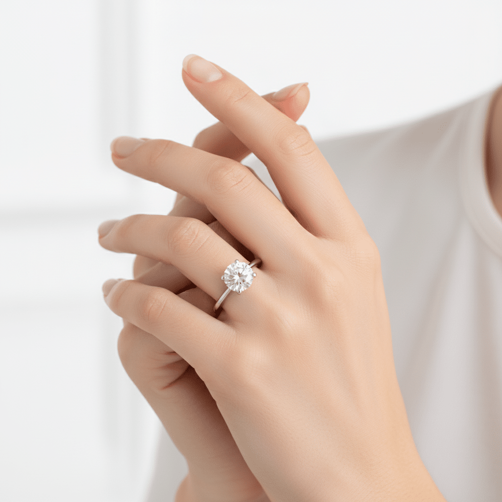 Lab Grown Diamonds 9CT white gold solitaire ring featuring a sparkling central diamond and elegant band design.