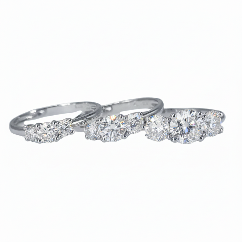 Lab Grown Diamonds 9CT white gold trilogy ring featuring three sparkling lab-grown diamond stones.
