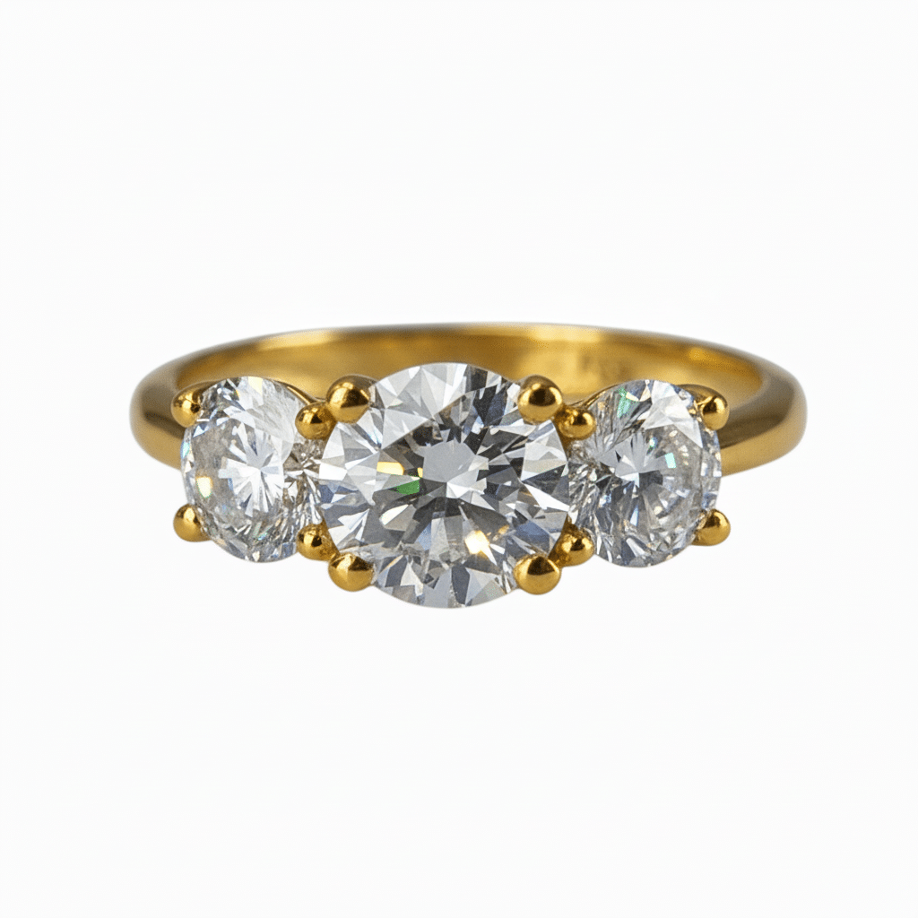 Lab Grown Diamonds 9CT yellow gold trilogy ring showcasing three sparkling lab-grown diamonds on a polished gold band