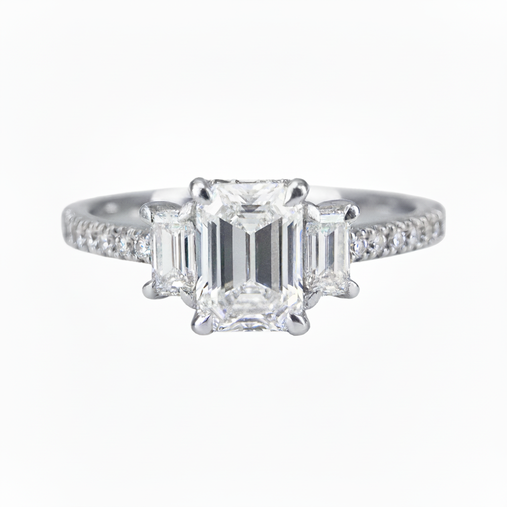 Lab grown diamond 3-stone engagement ring with 9-carat white gold, featuring 1-carat total diamond weight.