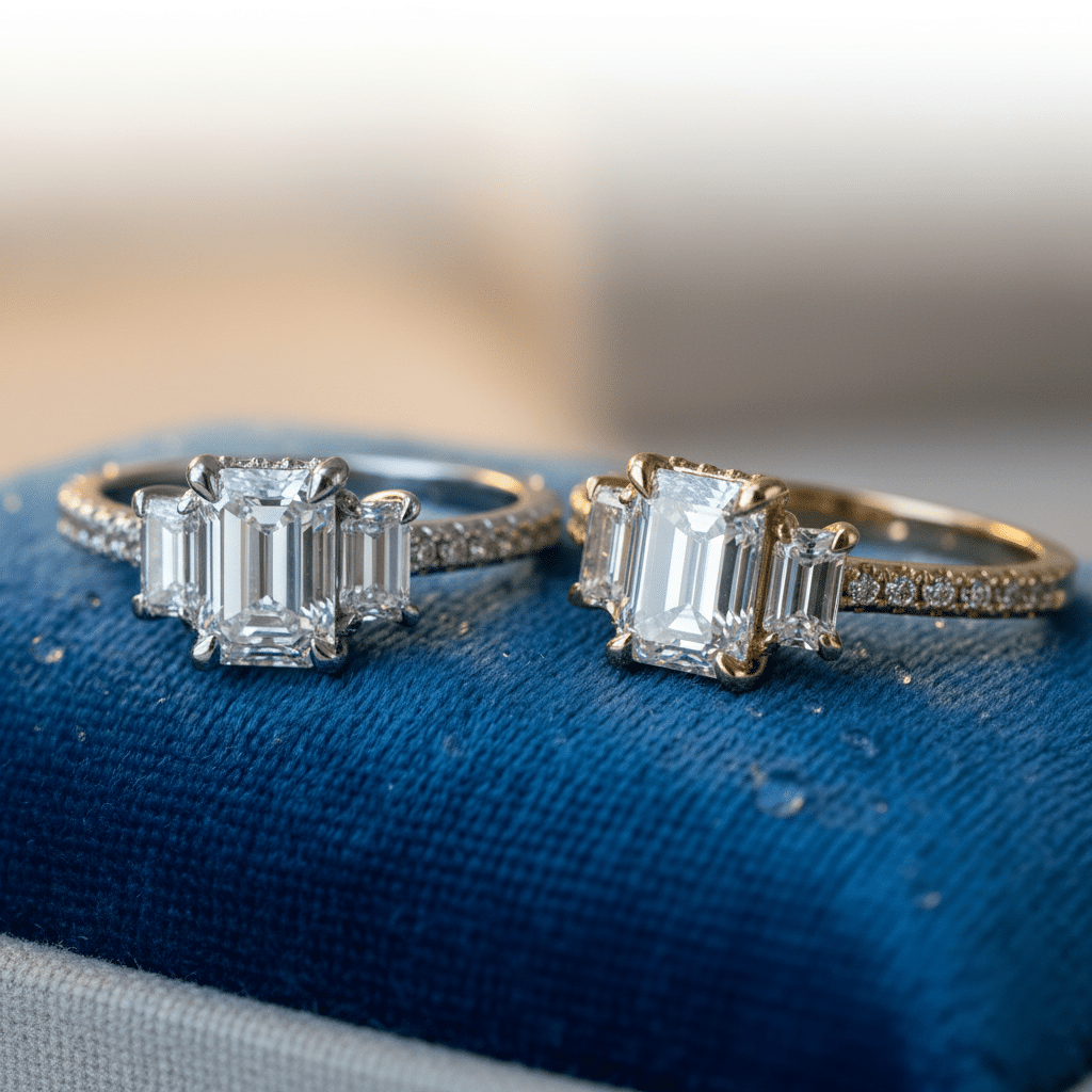 Lab Grown Diamonds 9CT white gold 1CT 3-stone engagement ring showcasing sparkling diamonds and elegant band design.