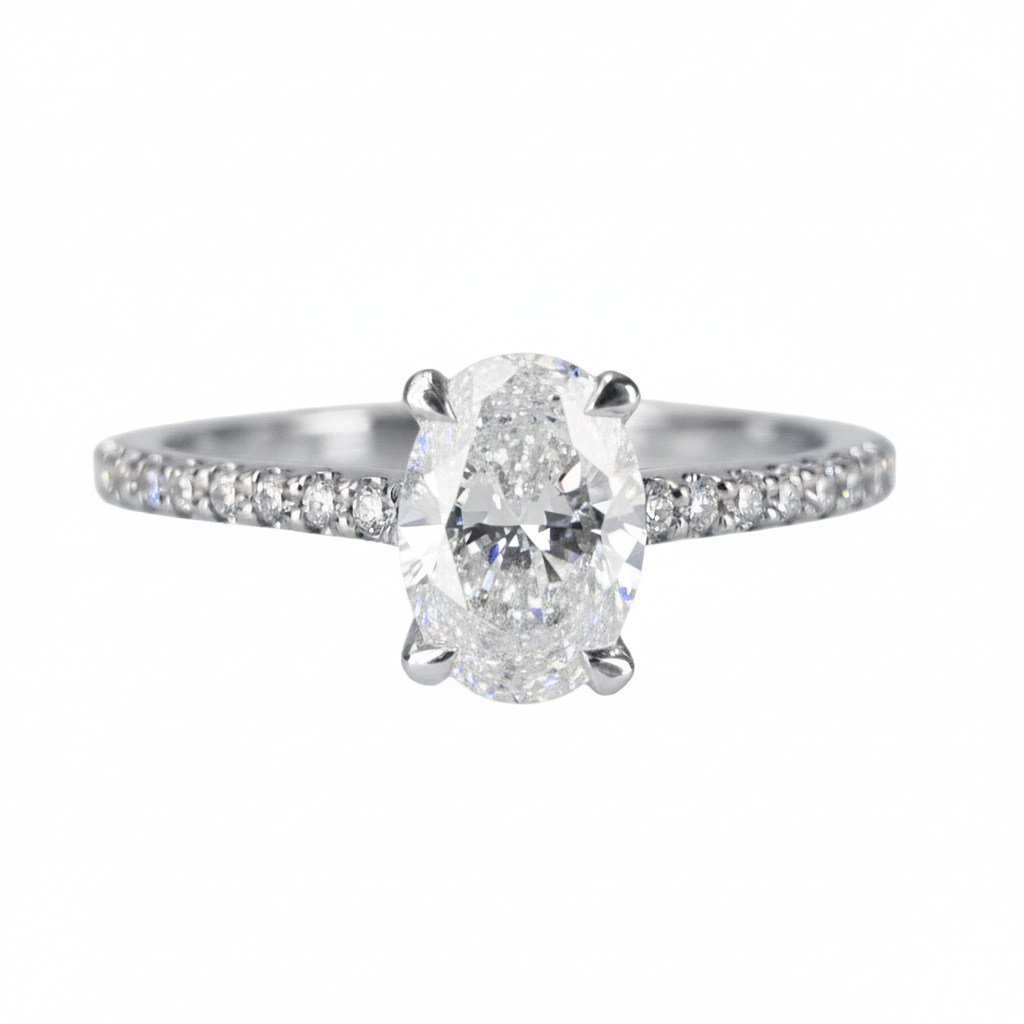 Lab Grown Diamonds 9CT white gold oval halo ring with 1CT center diamond, showcasing elegant craftsmanship and sparkling gemstones.