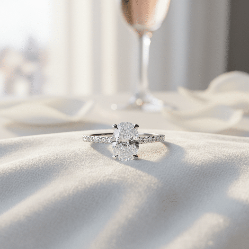 Lab Grown Diamonds 9CT white gold oval halo ring with 1CT center diamond, featuring elegant craftsmanship.