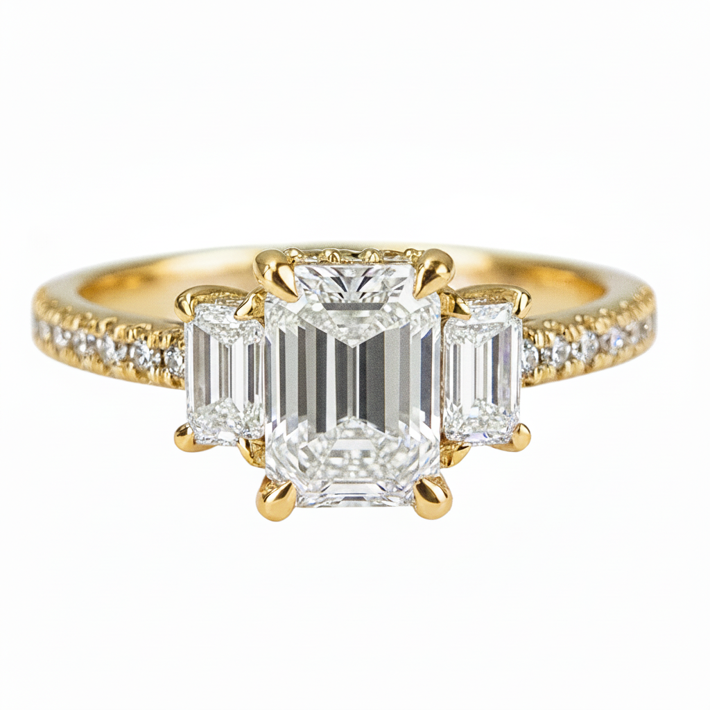 Lab Grown Diamonds 9CT yellow gold 1CT 3-stone engagement ring with sparkling diamond accents.