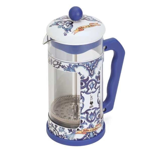 Blue Dolce and Gabbana 350ml coffee press by Bialetti with Mediterranean design and stainless steel filter.