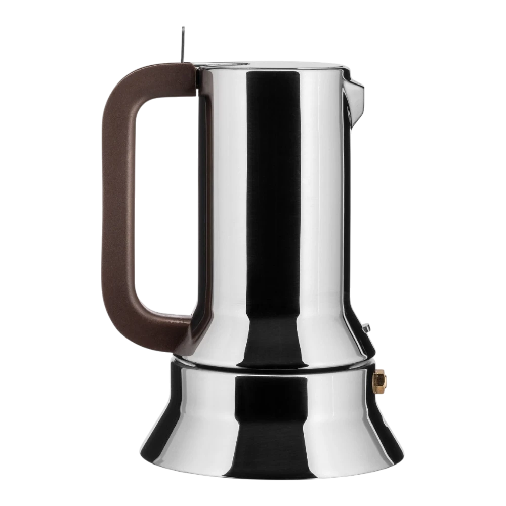 Alessi 9090 Perforated Handle Espresso Maker with sleek stainless steel design and ergonomic handle for brewing espresso.