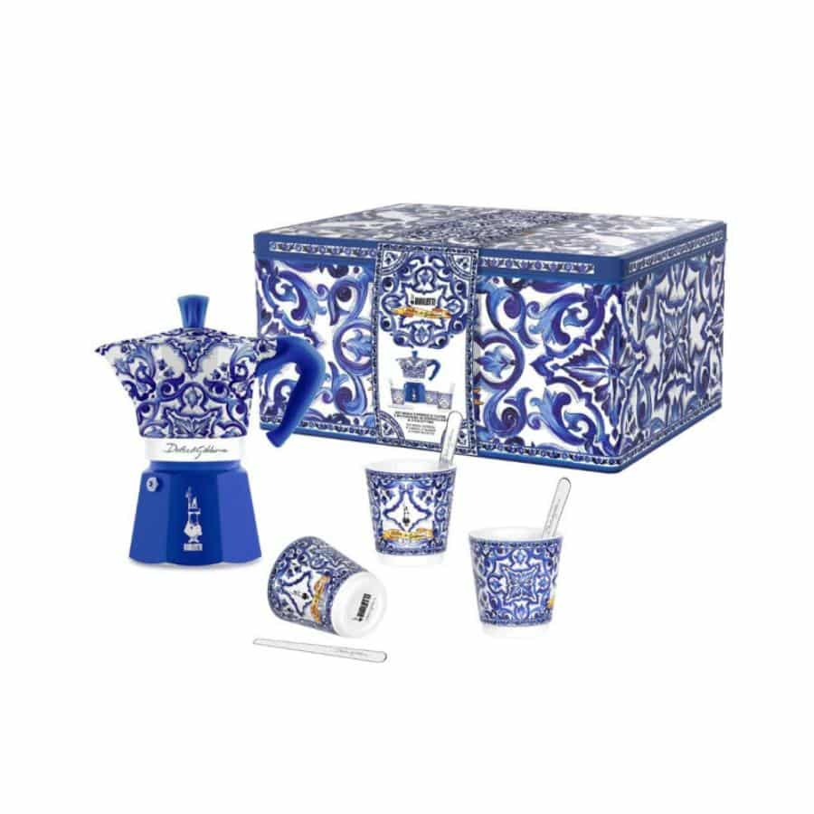 Bialetti Dolce and Gabbana Moka 6 Cup coffee set with three cups and stirrers, featuring stylish design and durable construction.