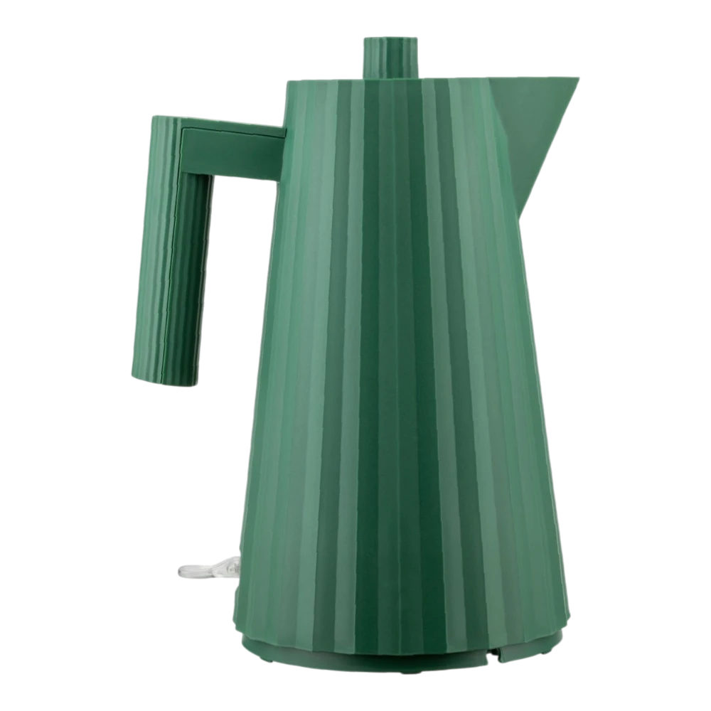 Alessi Plisse Green electric kettle with 1.7L capacity, featuring a sleek modern design and a textured finish.