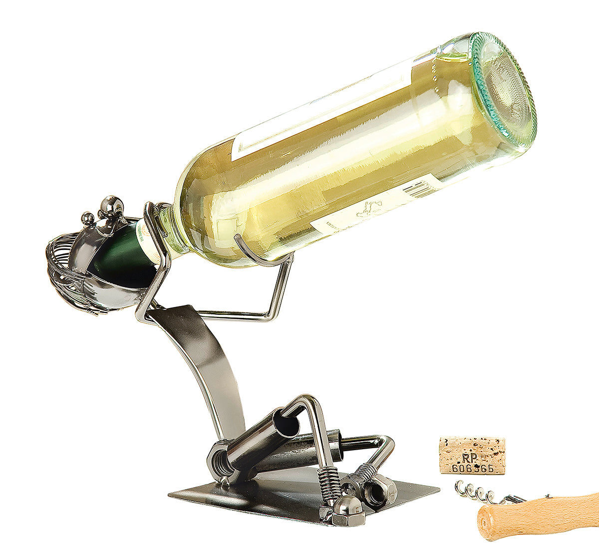 Silver metal Gilde Schluckspecht bottle holder with intricate design, perfect for displaying bottles in a stylish way.