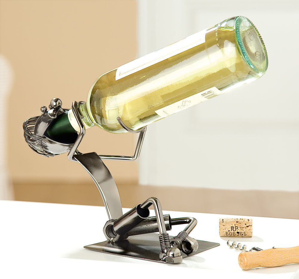 Silver Gilde Schluckspecht metal bottle holder with intricate design, perfect for holding and displaying bottles.