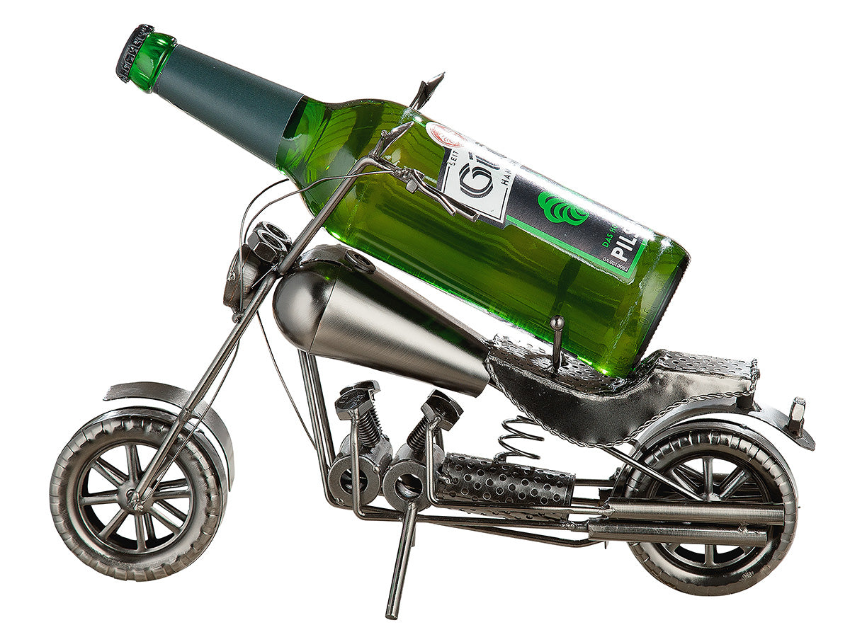 Gilde metal motorcycle bottle holder mounted on bike frame for secure beverage storage.