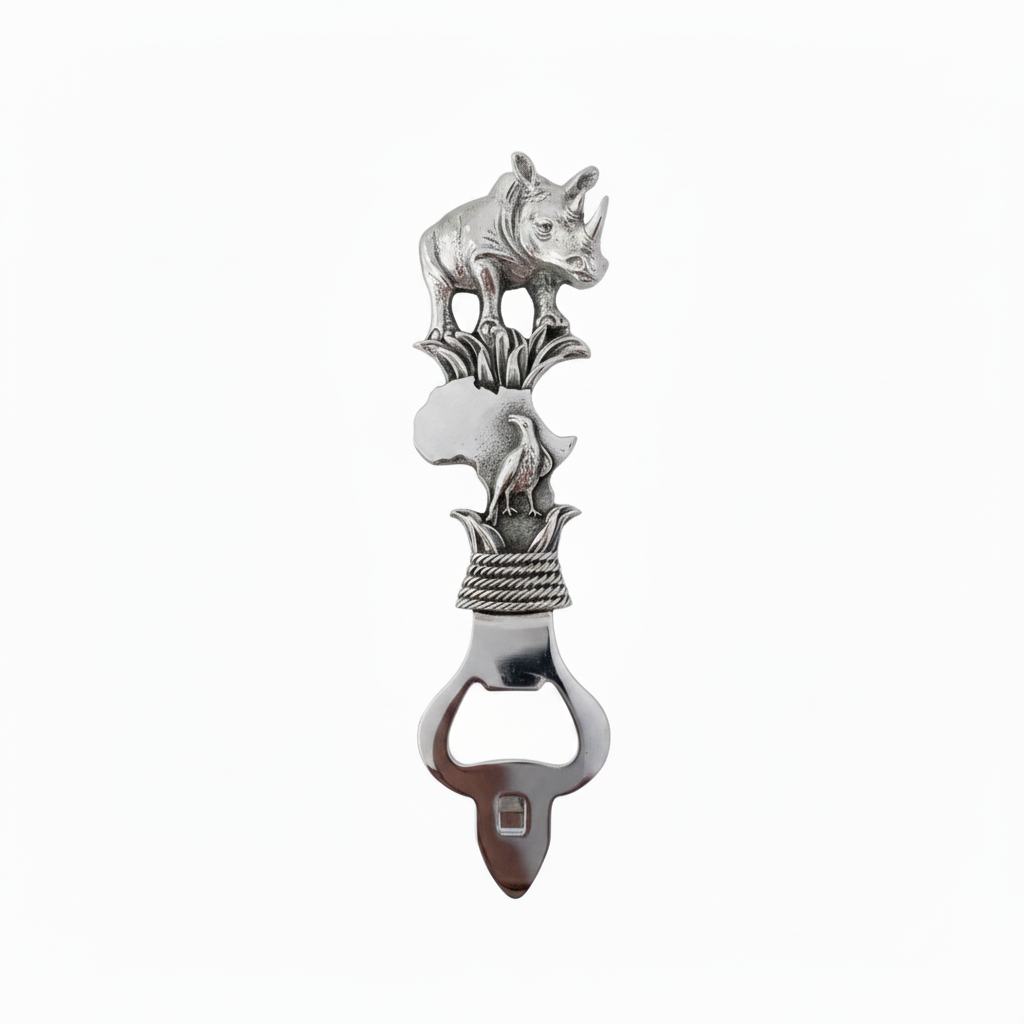Earth Angel Rhino Africa bottle opener with detailed rhinoceros design and sturdy metal construction.