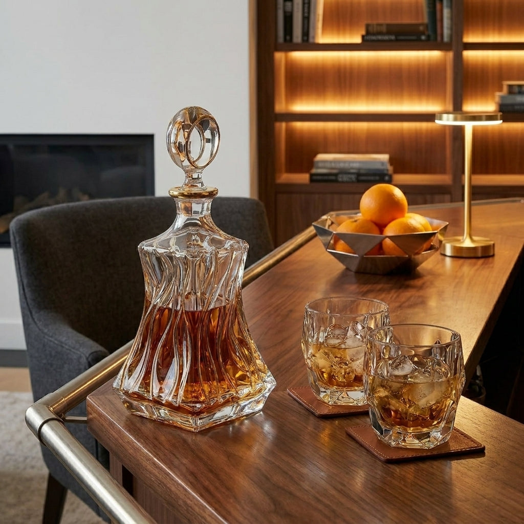 Bohemia Crystal Bamboo Decanter in gold with an 800ml capacity, featuring a sleek, elegant design and clear glass body.