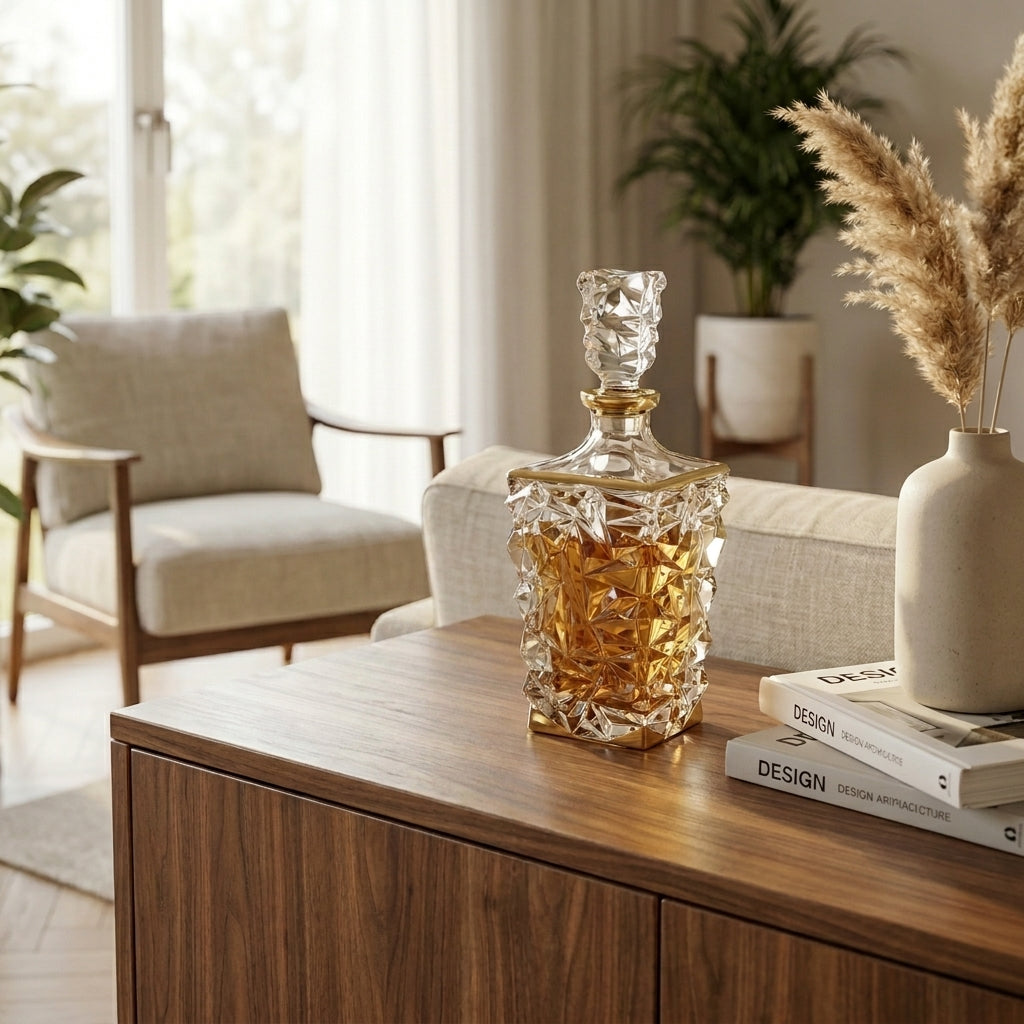 Bohemia Crystal Glacier decanter with gold rim, 900ml, elegant glass bottle with intricate design and gold accents.