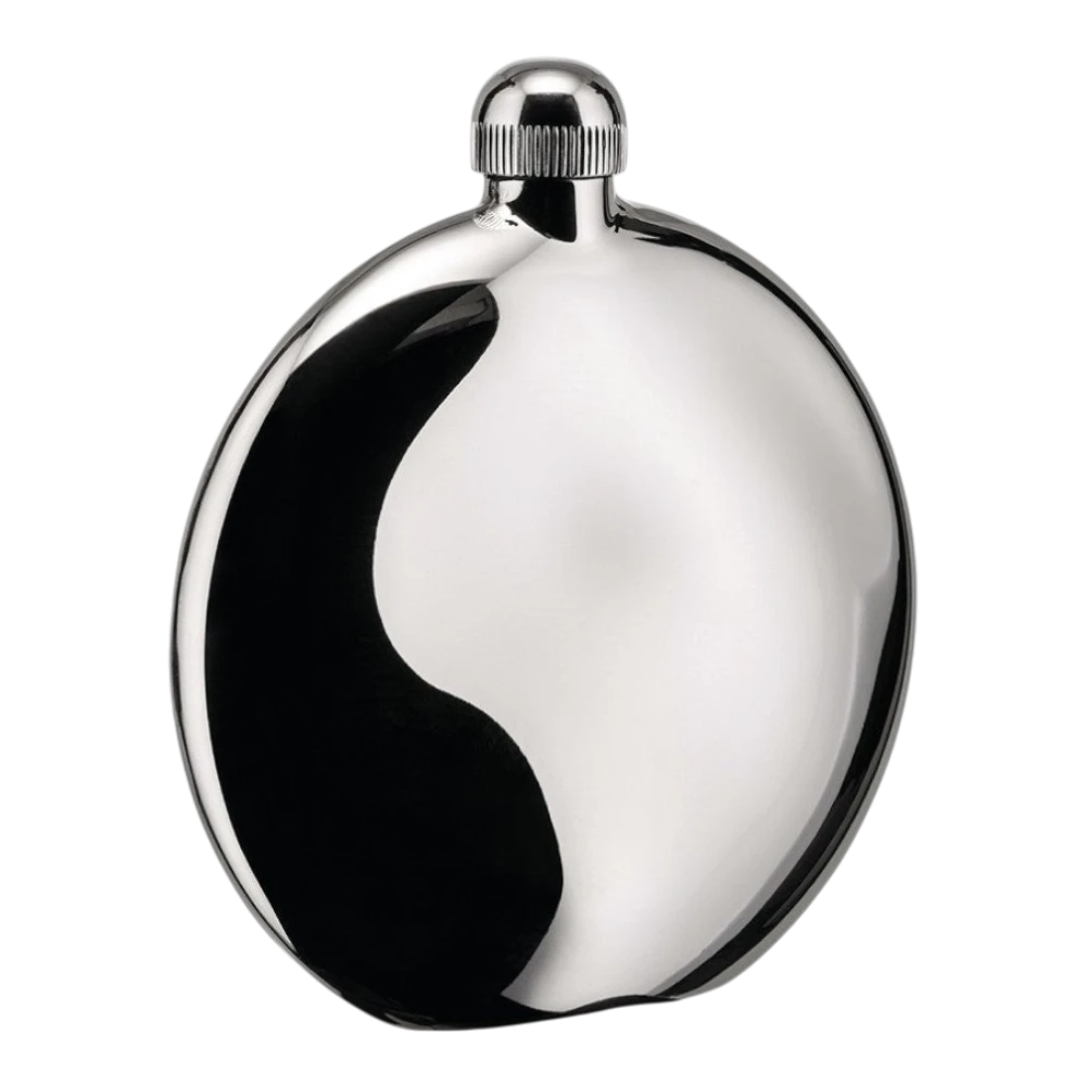 Alessi Shot Hip Flask with stainless steel finish and engraved branding, designed for portable alcohol storage.
