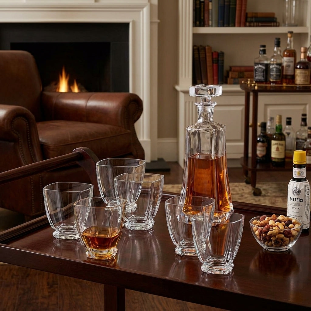 Bohemia Crystal Bohemia Spirit Arezzo 7-piece glassware set displayed on a wooden table with glasses and a decanter.