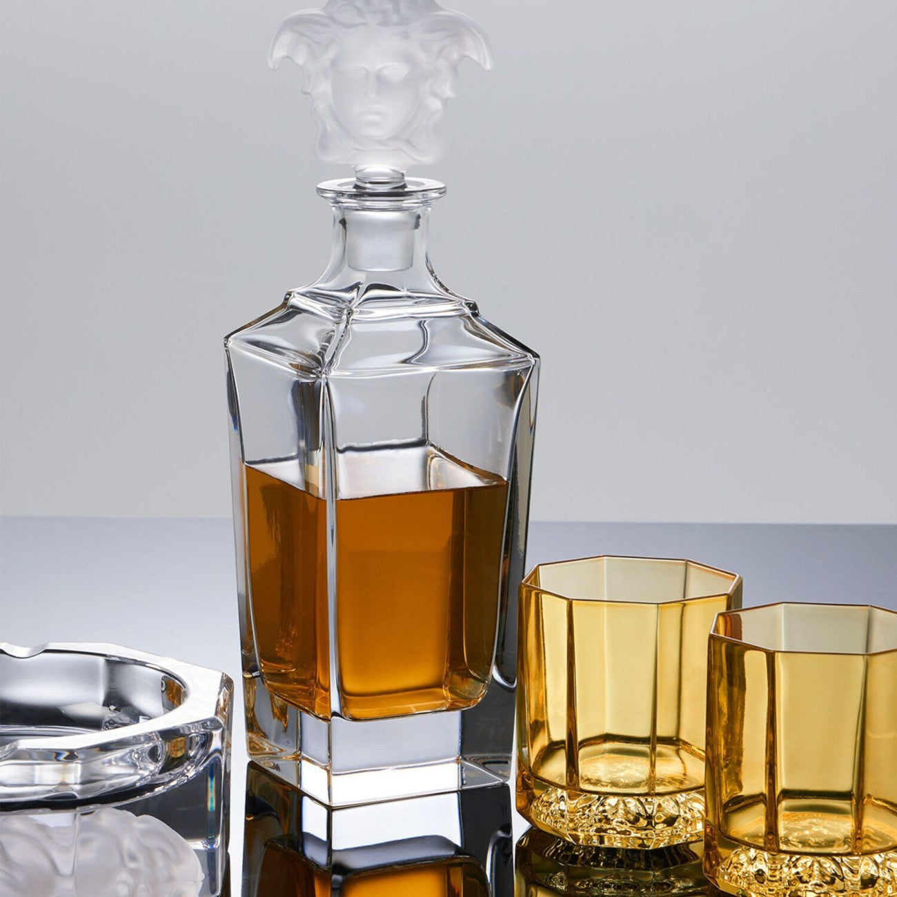 Versace Medusa Crystal Treasury decanter with intricate design and clear crystal, elegant and luxurious for storing spirits