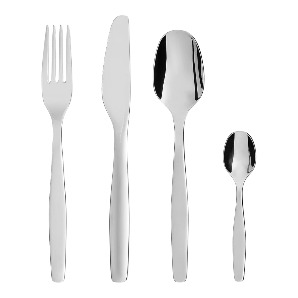 Alessi Itsumo 24-piece cutlery set including forks, knives, spoons, and teaspoons arranged on a modern table.