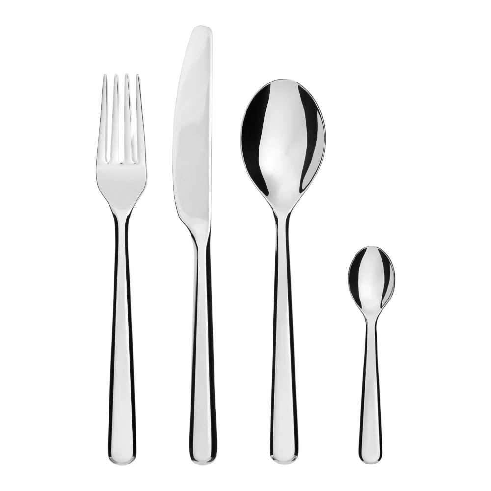 Alessi Amici 24-piece cutlery set including forks, knives, spoons, and teaspoons arranged on a clean surface.
