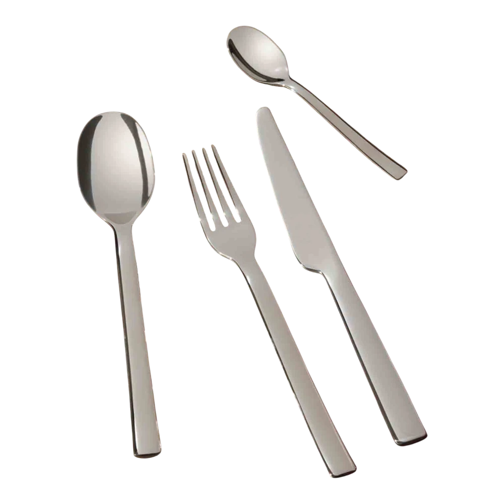 Alessi Ovale 24-piece cutlery set with stainless steel forks, knives, and spoons arranged on a white background.