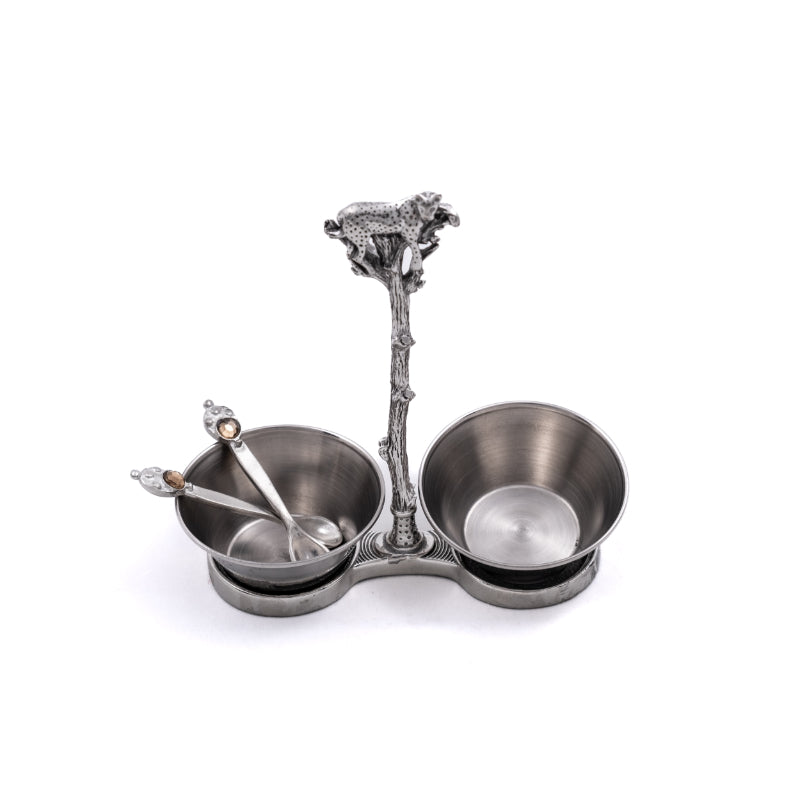 Earth Angel Leopard Twin Bowl with animal print design, made of ceramic, featuring two separate compartments for snacks or small items.