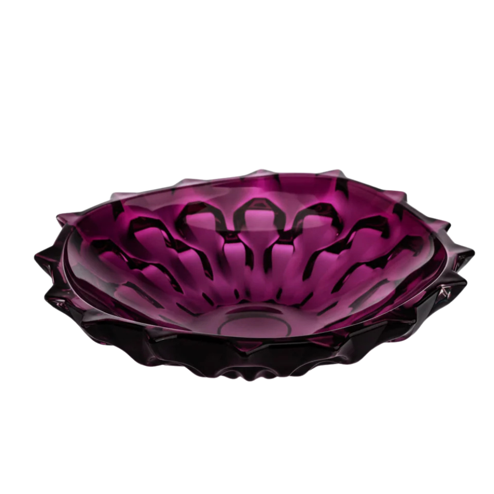 Bohemia Crystal Samba Purple shallow bowl with 350mm diameter, featuring elegant purple glass design and clear crystal accents.