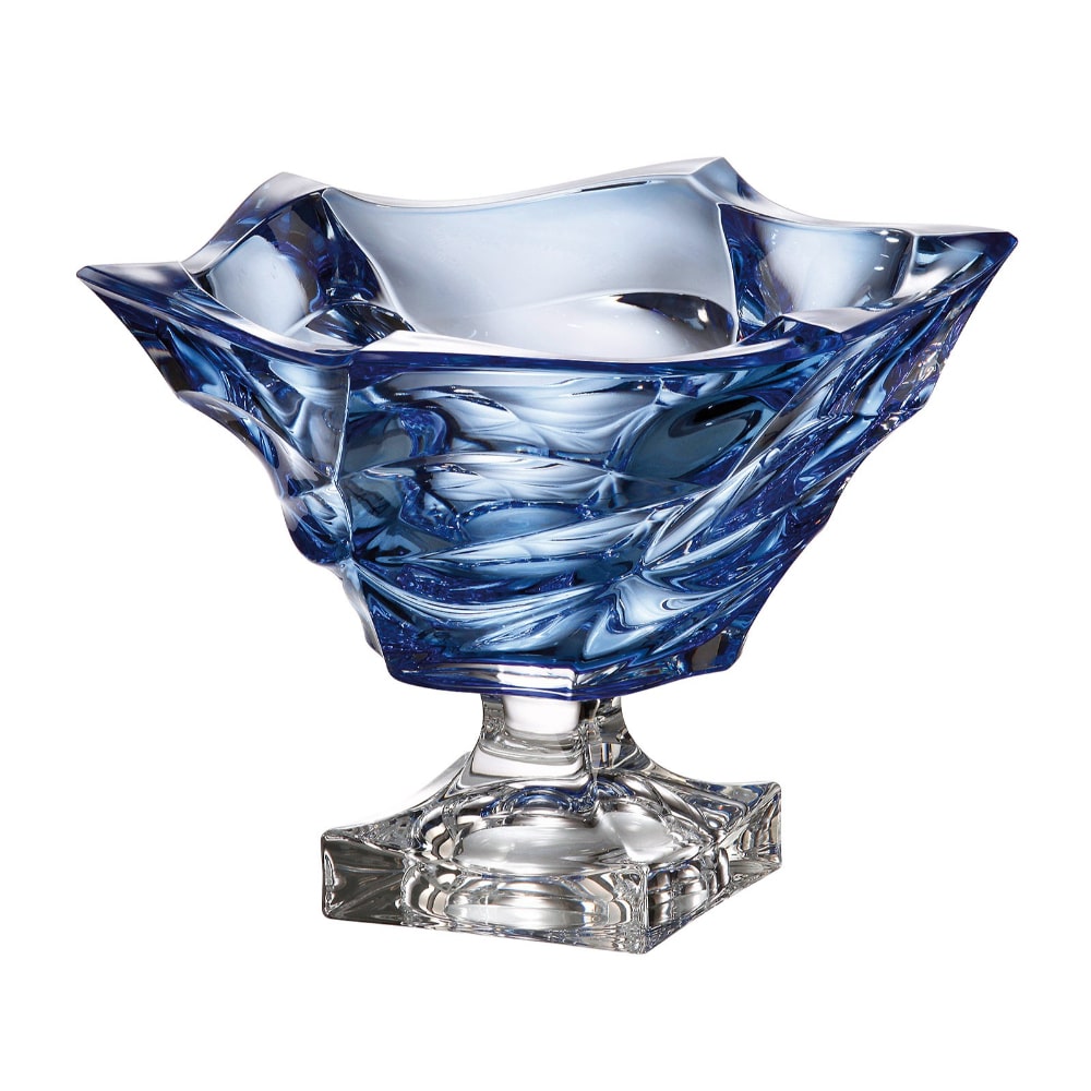 Bohemia Crystal Flamenco Blue footed bowl, 295mm, featuring elegant design and vibrant blue color on clear glass.