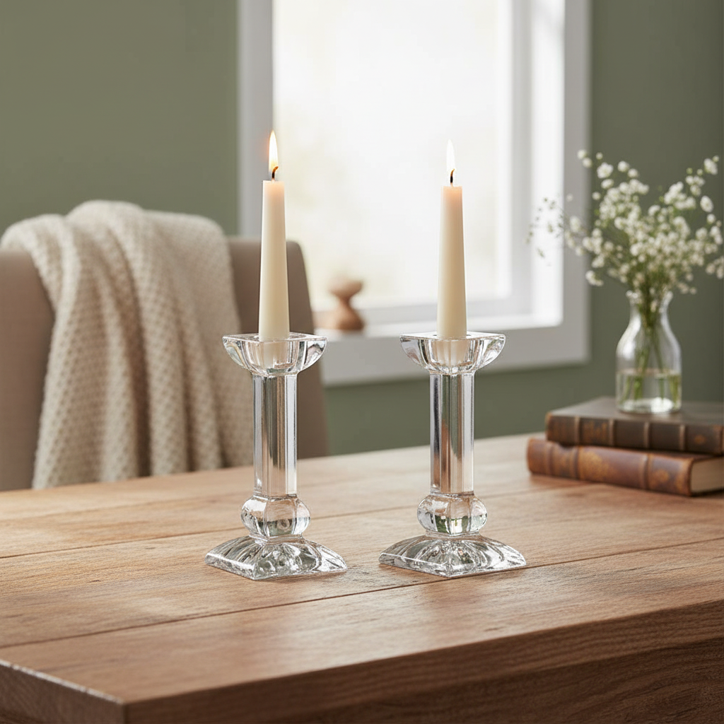 Set of two Bohemia Crystal Ravena 150mm candlesticks with intricate cut designs and elegant shape.