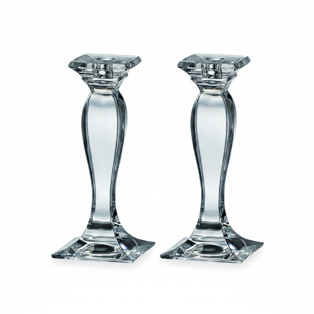 Set of two Bohemia Crystal Candlestick Prince 255mm with elegant, clear glass design suitable for decorative display or special occasions.