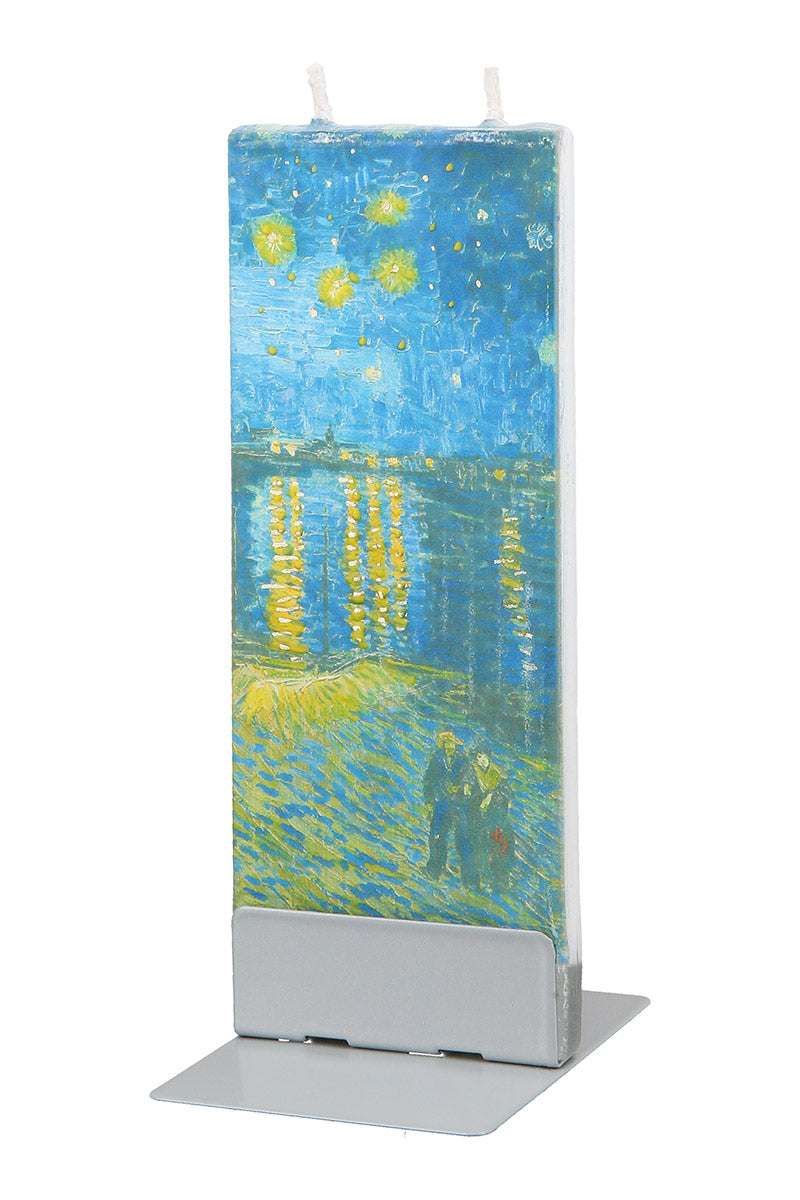 Gilde flat candle with rectangular shape featuring a Starry Night Over the Rhone design, decorative evening candle, close-up view