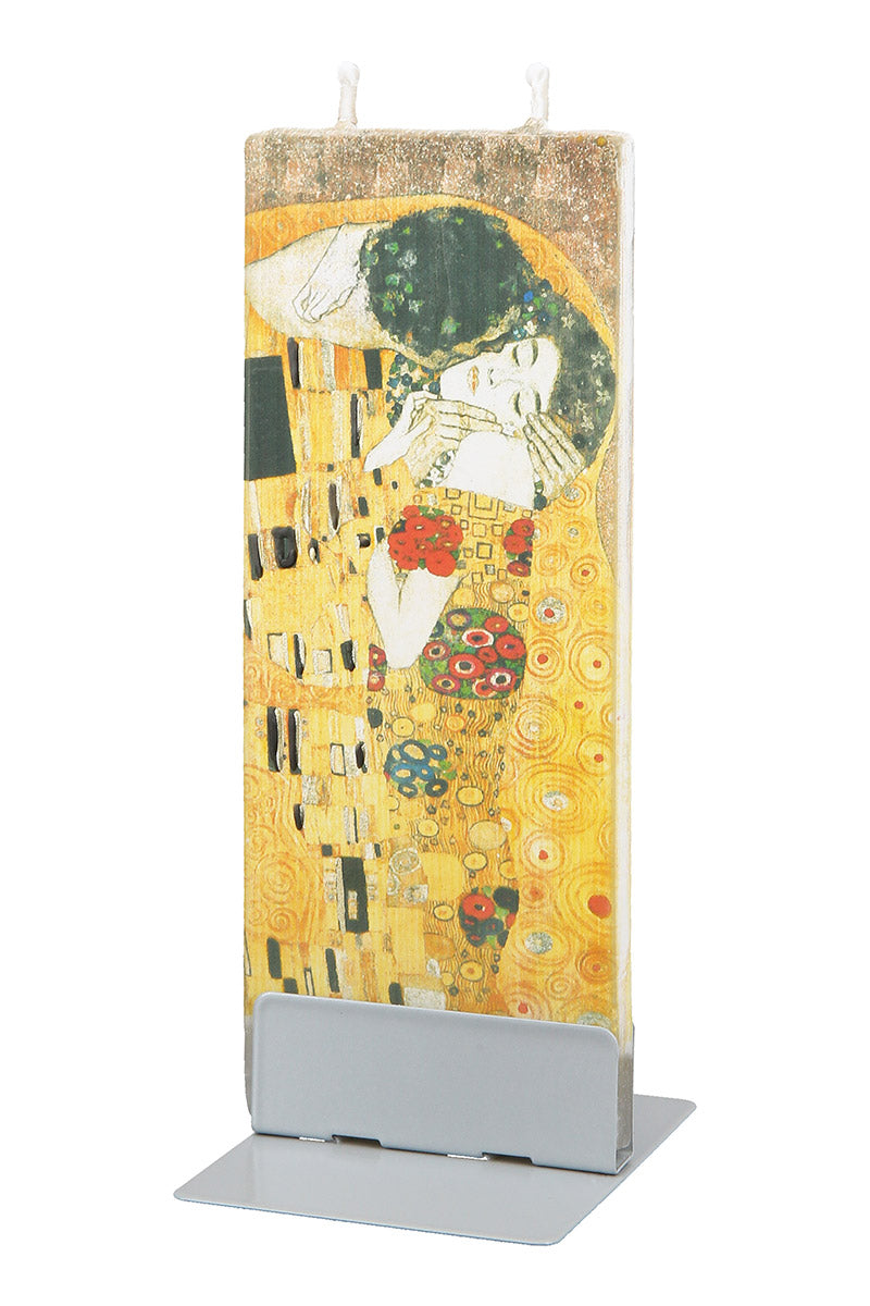 Gilde Flat Candle Rectangular The Kiss, decorative candle with floral design, displayed on a neutral surface.