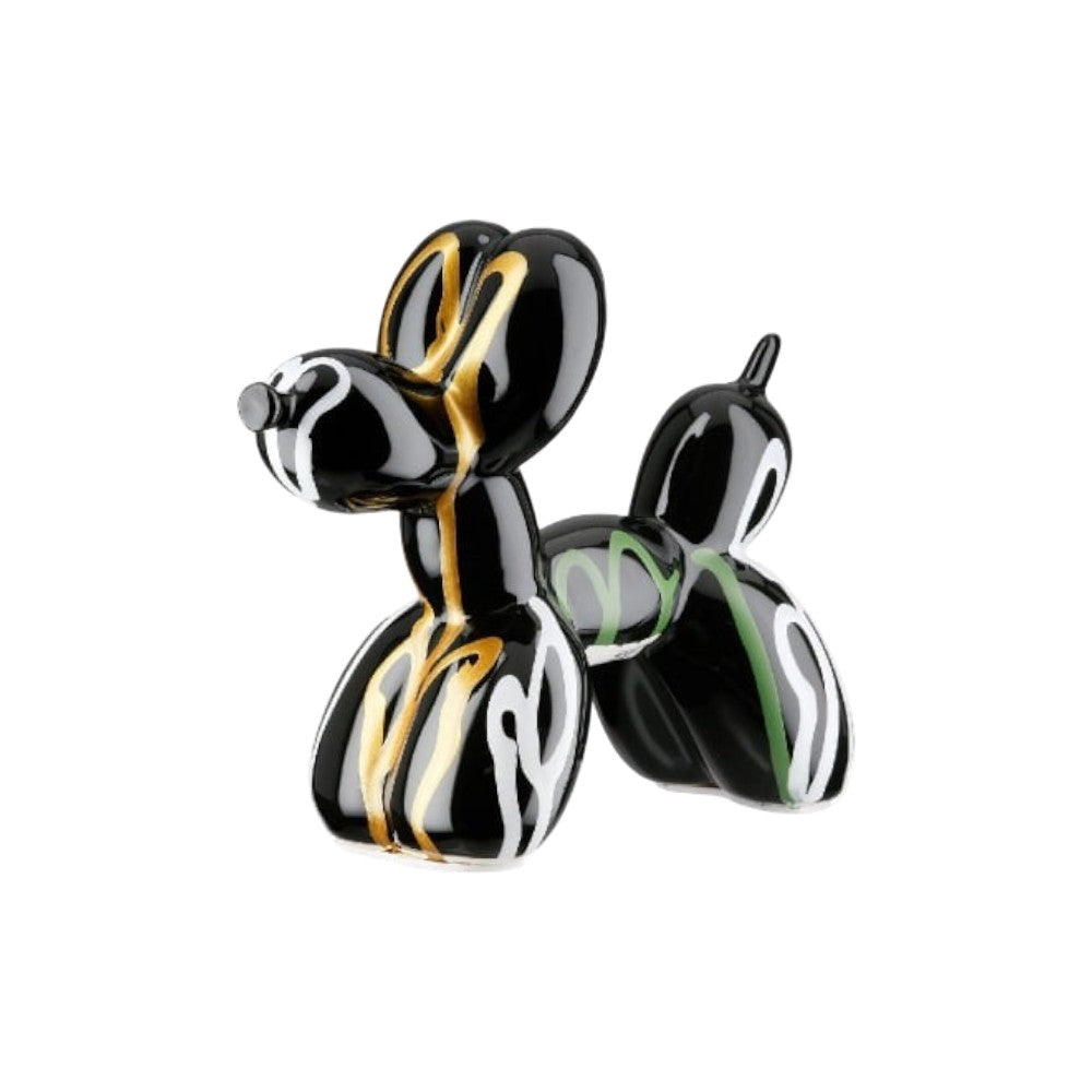 Gilde multicolored ceramic balloon dog figure, 15cm tall, with black accents, showcasing a modern artistic sculpture.
