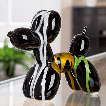 Multicolored black Gilde ceramic balloon dog figure, 15cm tall, with abstract sculptural design and glossy finish.
