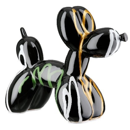 Gilde ceramic balloon dog sculpture, multicolored with black accents, 15cm tall, modern decorative art piece