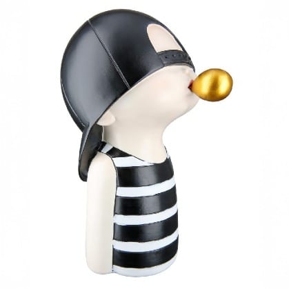 Gilde resin figure of a boy chewing gum in black and white, 25cm tall, detailed figurine with realistic features and expressive pose.