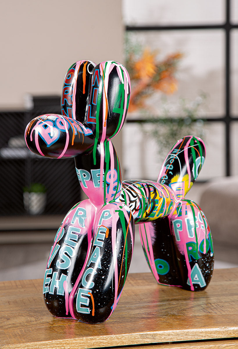 Gilde Pallone Dog Balloon resin figurine, multicolored with black accents, 40cm tall, decorative collectible art piece.