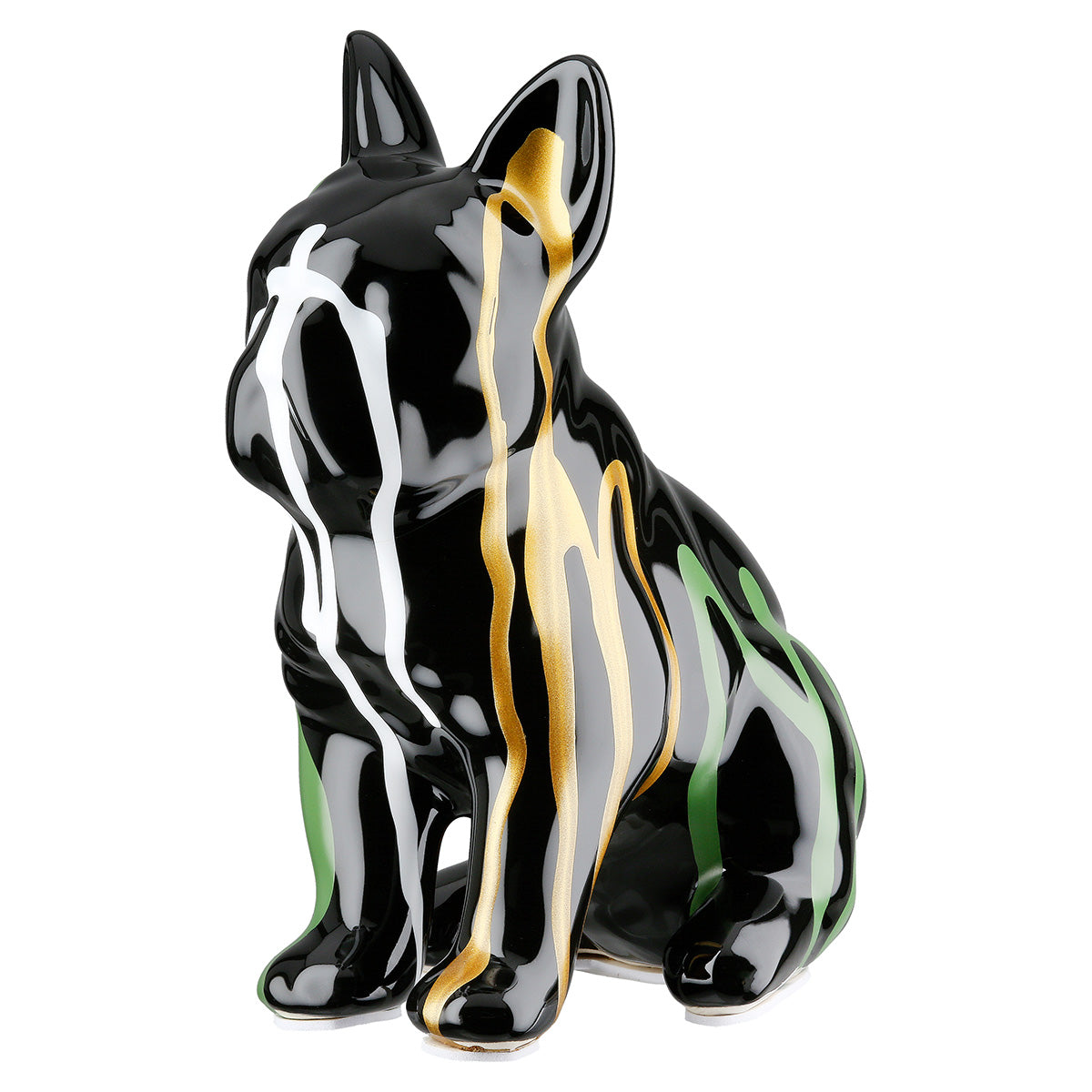Gilde sitting Bulldog figure in dark black color, detailed sculpture of a realistic dog with a sturdy posture.