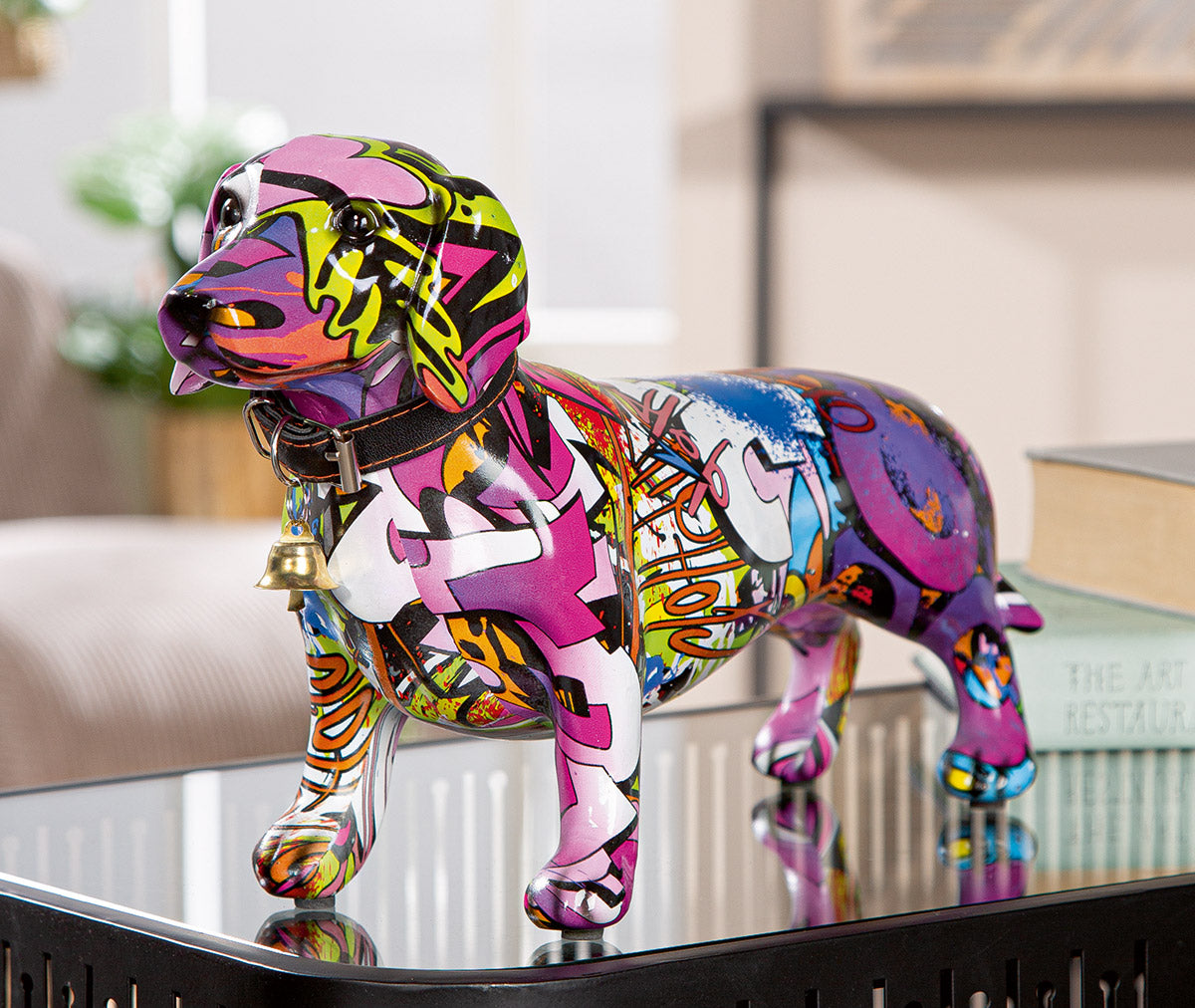 Gilde Dachshund street art figure with vibrant painted details, showcasing urban sculpture design.