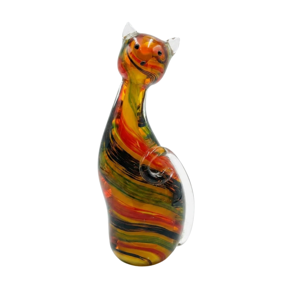 Gilde Figure Cat Suki with striped glass body, right side view, detailed feline sculpture with colorful glass accents.