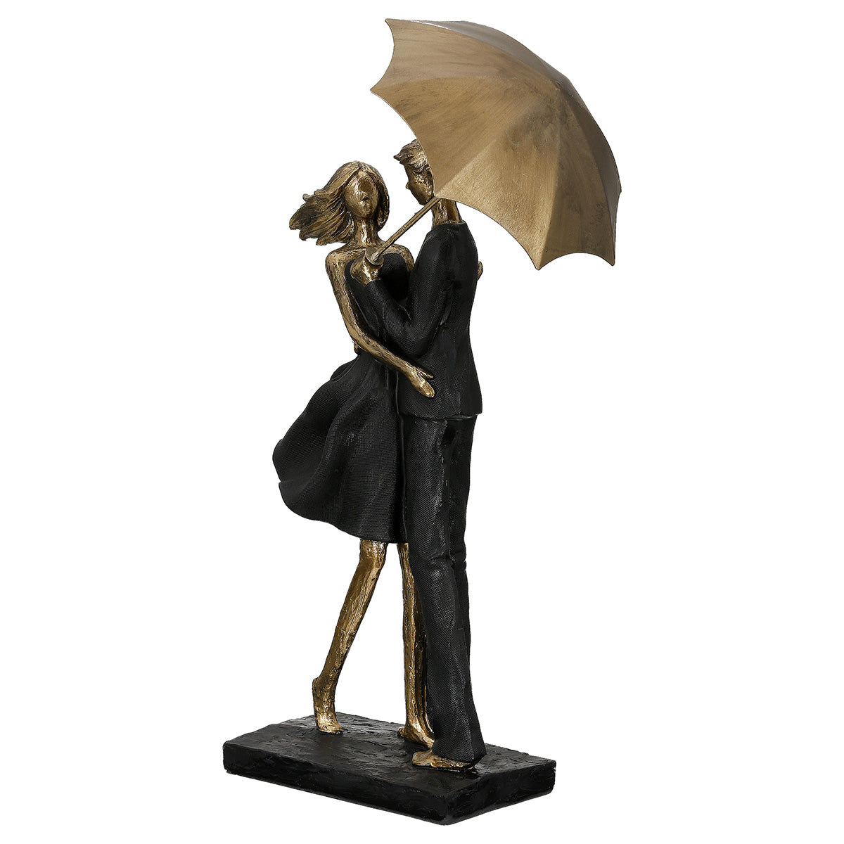 Pair of Gilde rain umbrella sculptures in black with gold accents, decorative art pieces resembling umbrellas.