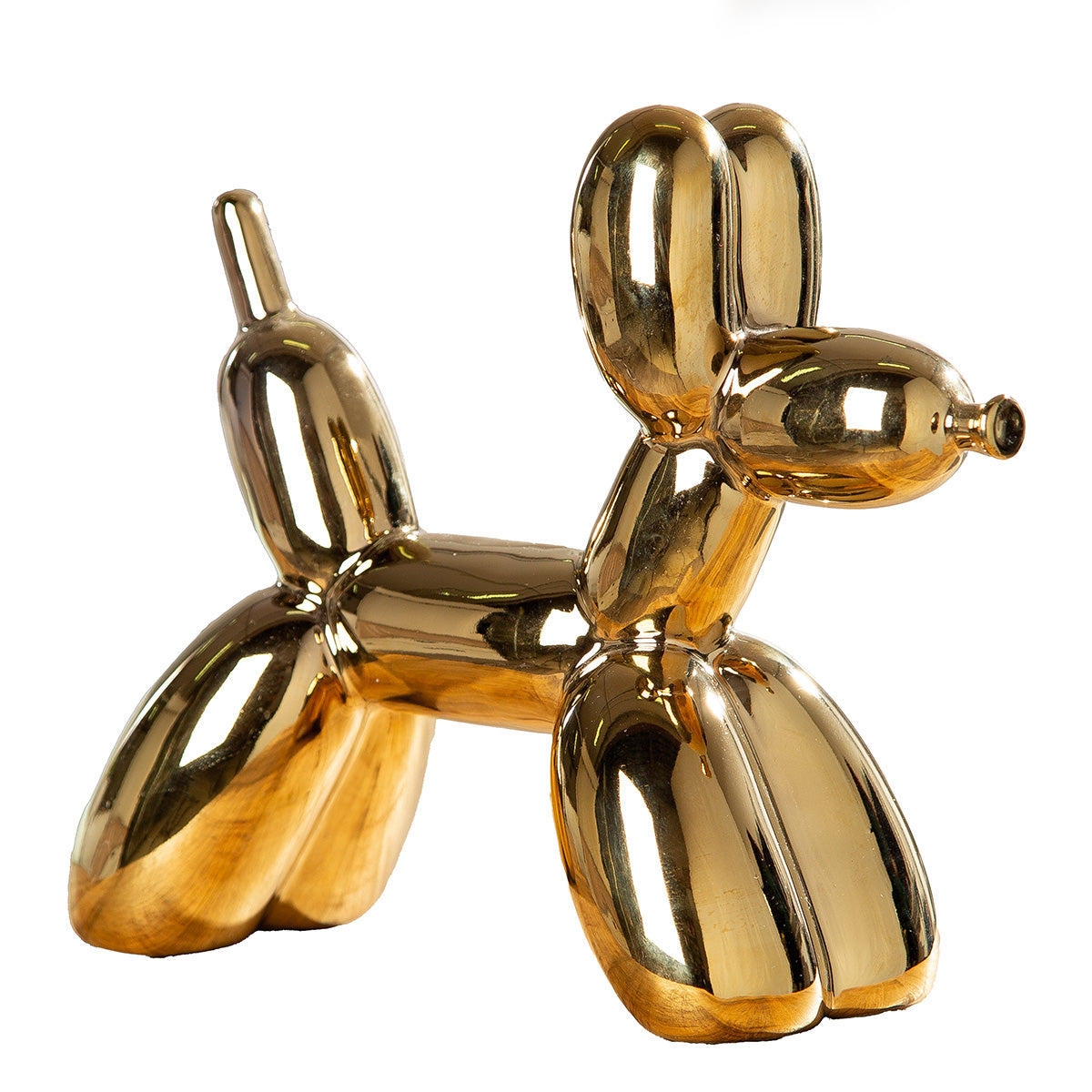 Gold Gilde Figure Balloon Dog Poldi sculpture, shiny metallic finish, detailed balloon dog design, decorative art piece.