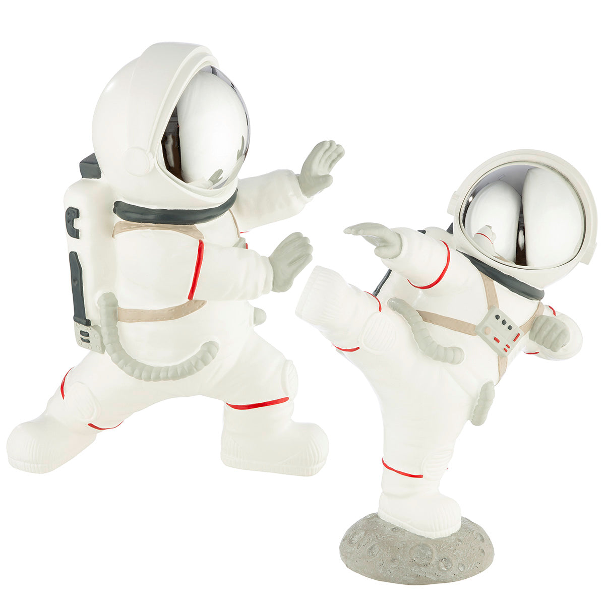 Gilde astronaut figure in karate stance, made of resin, displaying a kicking pose with detailed space-themed design.