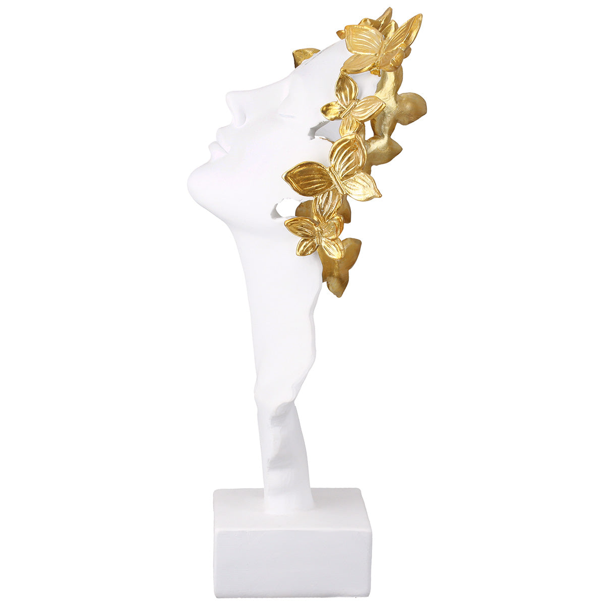 Gilde resin sculpture of a white woman with butterfly details, showcasing intricate craftsmanship and elegant design.