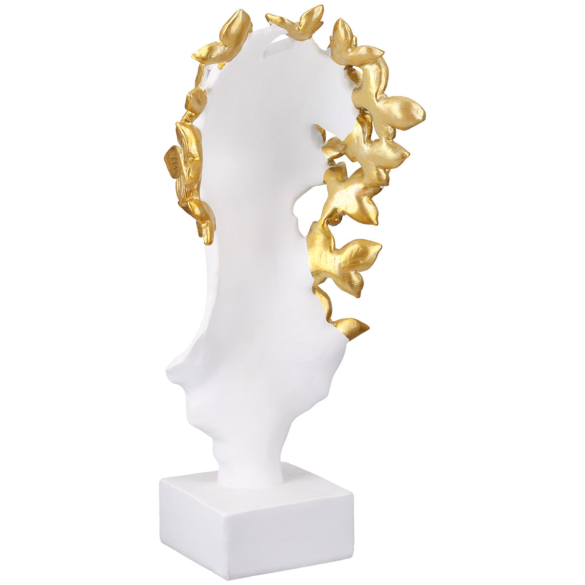 White resin Gilde sculpture of a woman with butterfly details, showcasing artistic craftsmanship and intricate design.