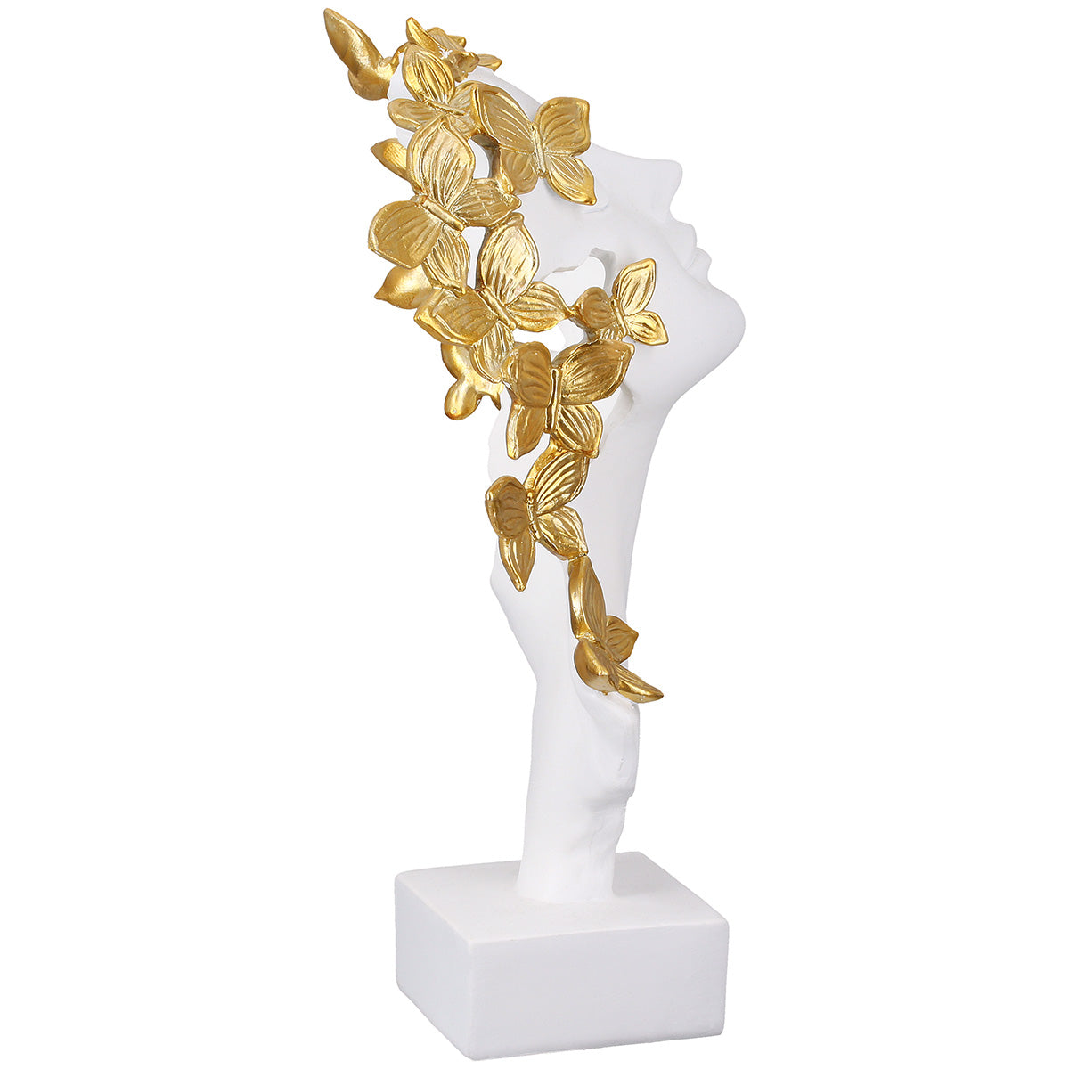 Gilde white resin sculpture of a woman with butterfly details, decorative art piece with elegant design.